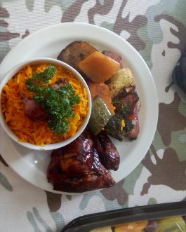 Plated Roasted Chicken with Savoury Rice + Rooti